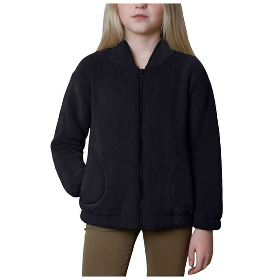 Caqnni Girls Polar Fleece Jacket Sherpa Fall Winter Full Zip Fuzzy Coat Outwear with Pockets Fall Winter Jackets (12-13 Years,Black)