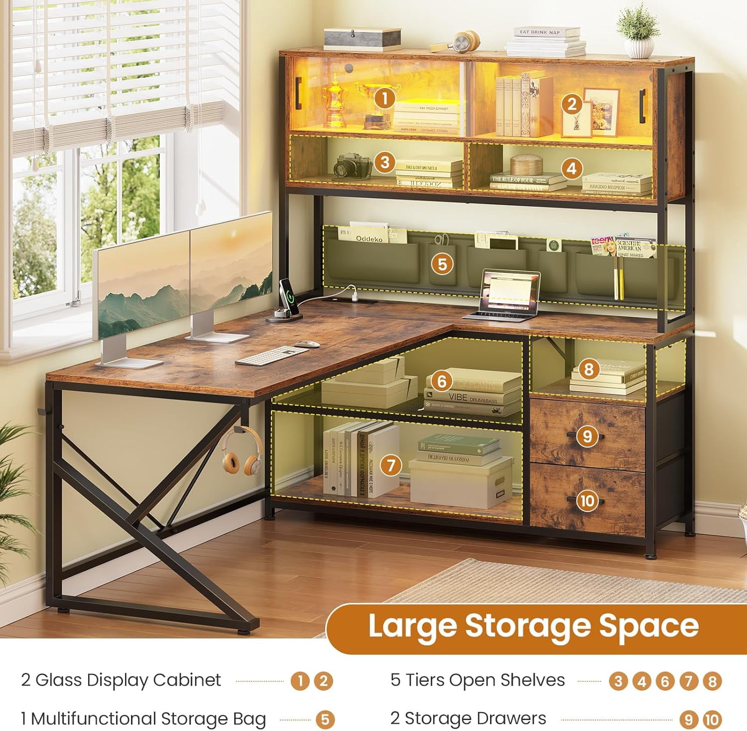SEDETA L Shaped Desk with Ample Storage, Gaming Desk with LED Lights & Power Outlets, Home Office Desk with Drawers, Glass Cabinets & Open Shelves, Corner Desk with Spacious Desktop, Rustic Brown