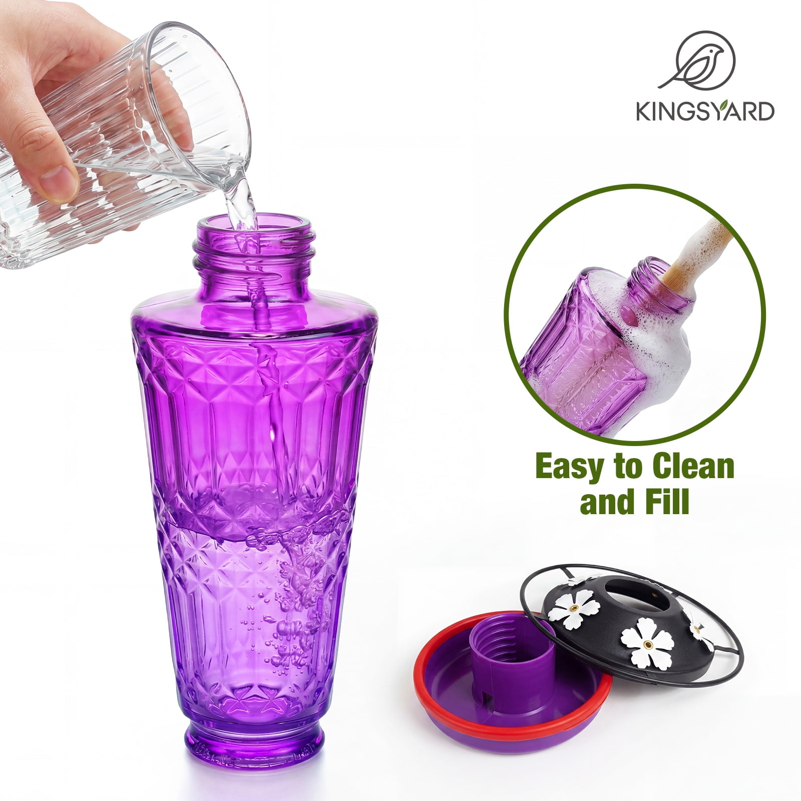 Kingsyard 18.6 oz Purple Glass Hummingbird Feeder, 5 White Ports, Ant Moat Included