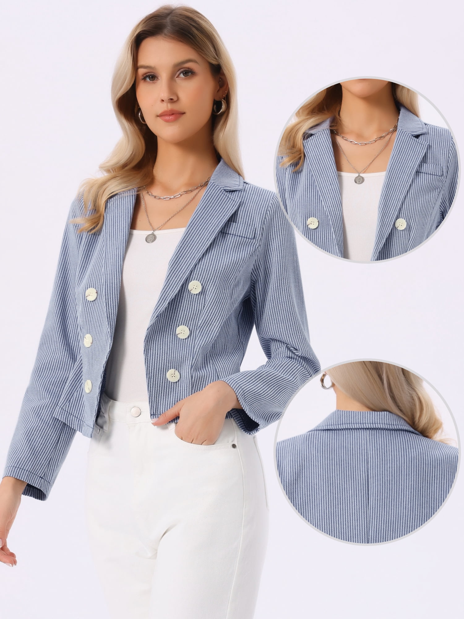 DARING DIVA Women's Dressy Notch Lapel Open Front Striped Suit Blazer M Dark Blue