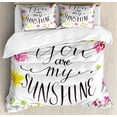 thumbnail image 1 of Quote Duvet Cover Set Queen Size, Modern Loving You are My Sunshine Calligraphy with Swirls and Blossoming Flowers, Decorative 3 Piece Bedding Set with 2 Pillow Shams, Multicolor, by Ambesonne, 1 of 3
