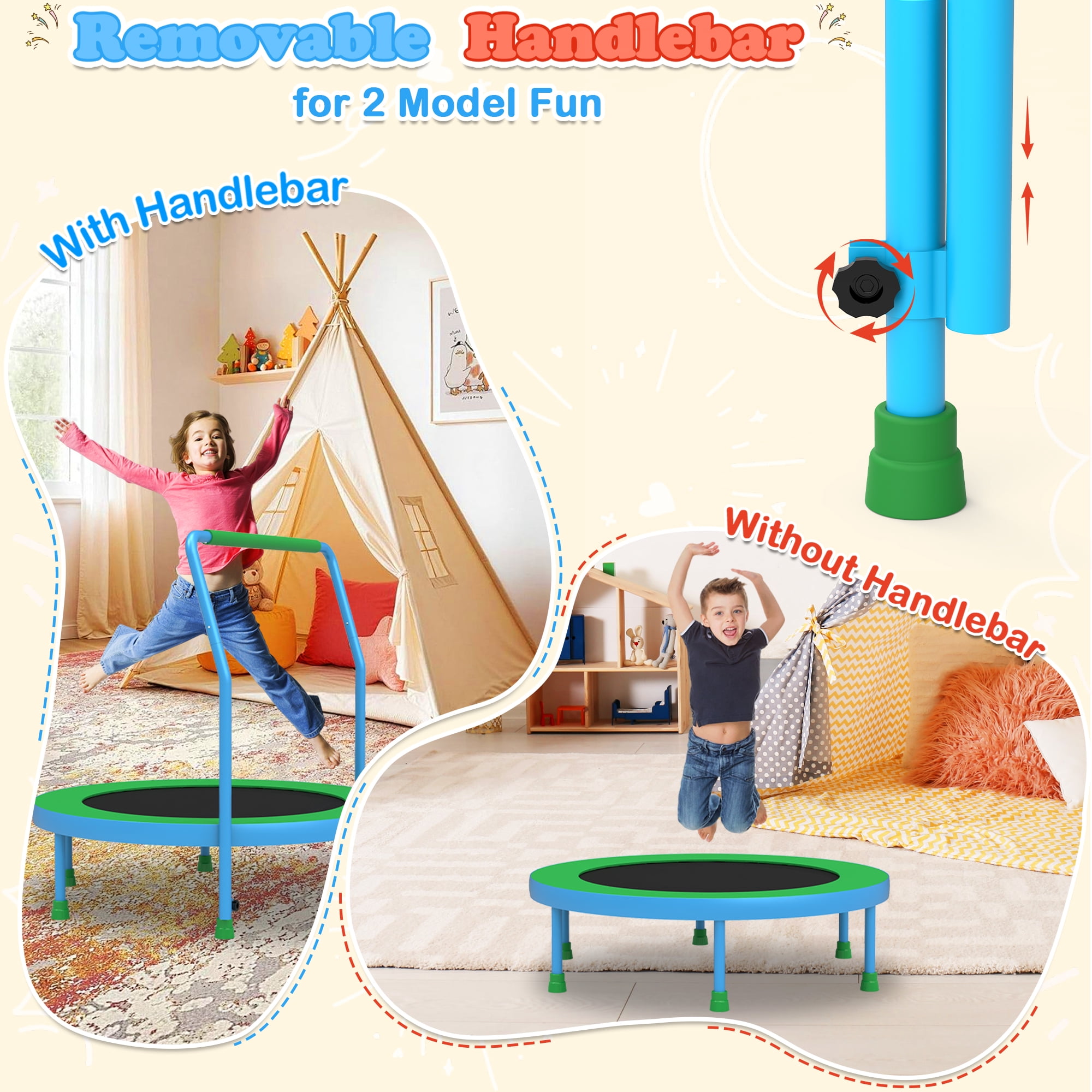 Cochan 36inch Mini Trampoline for Kids, 3FT Small Indoor Trampoline with Handlebar Ages 1-6, Foldable Kids Trampoline for Toddlers, Brithday Gift for Boy and Girl