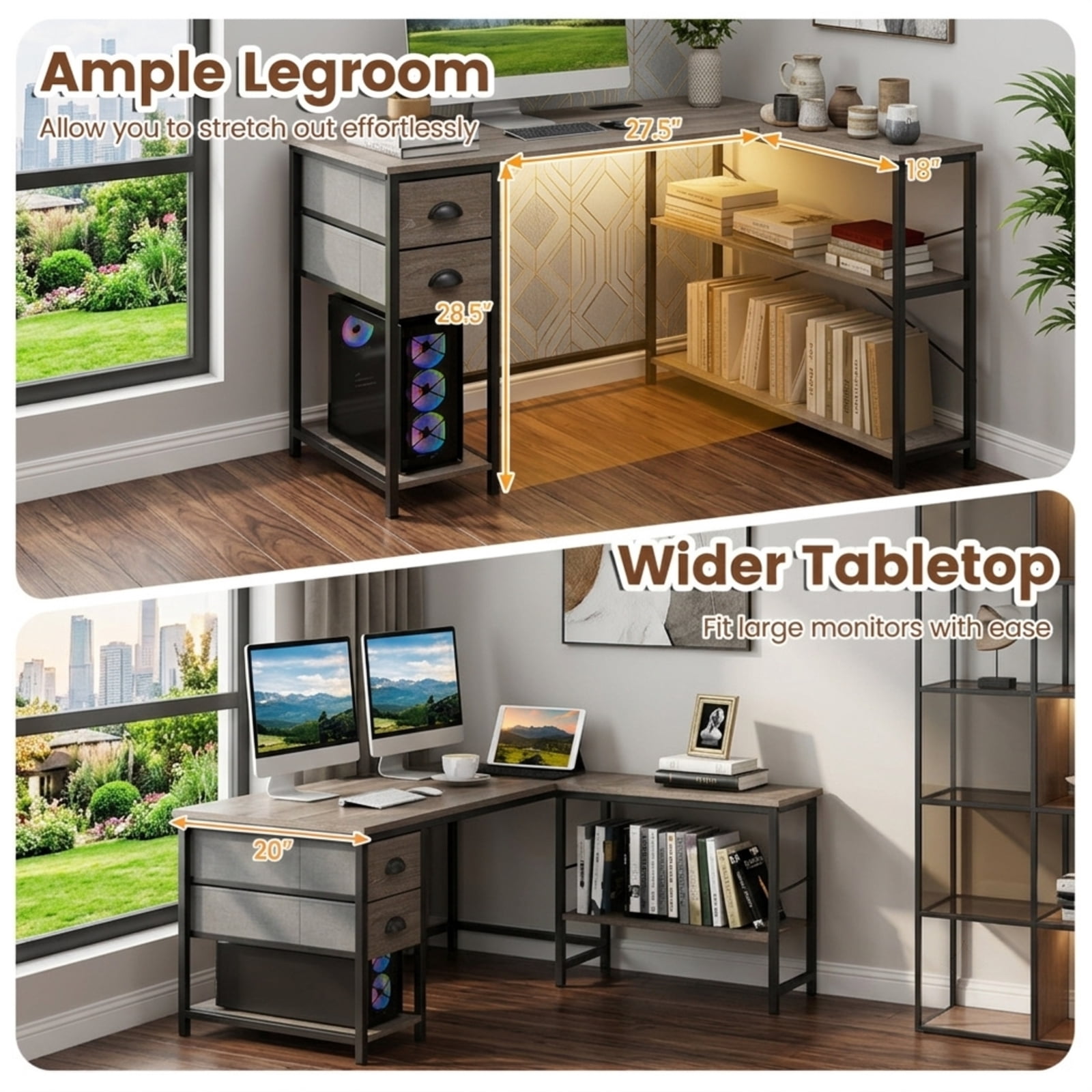 Furnibear L Shaped Desk with Charging Station, Corner Computer Desk with 2 Fabric Drawers and Open Shelves for Home Office Study Gaming, Oak