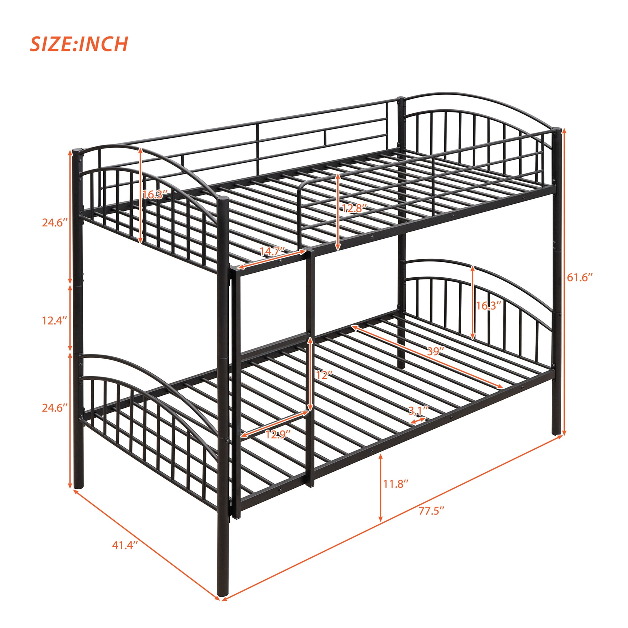 Aukfa Metal Bunk Bed Twin over Twin, Convertible to 2 Twin Bed Frame, Black
