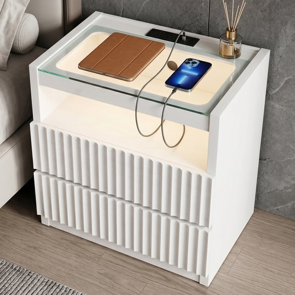 FUSUNBAO LED Nightstand with Charging Station, Modern Farmhouse 2 Drawer Bedside Table with Tempered Glass Top, Fluted Fluted Wood End Table with Open Shelf for Bedroom, Off-White