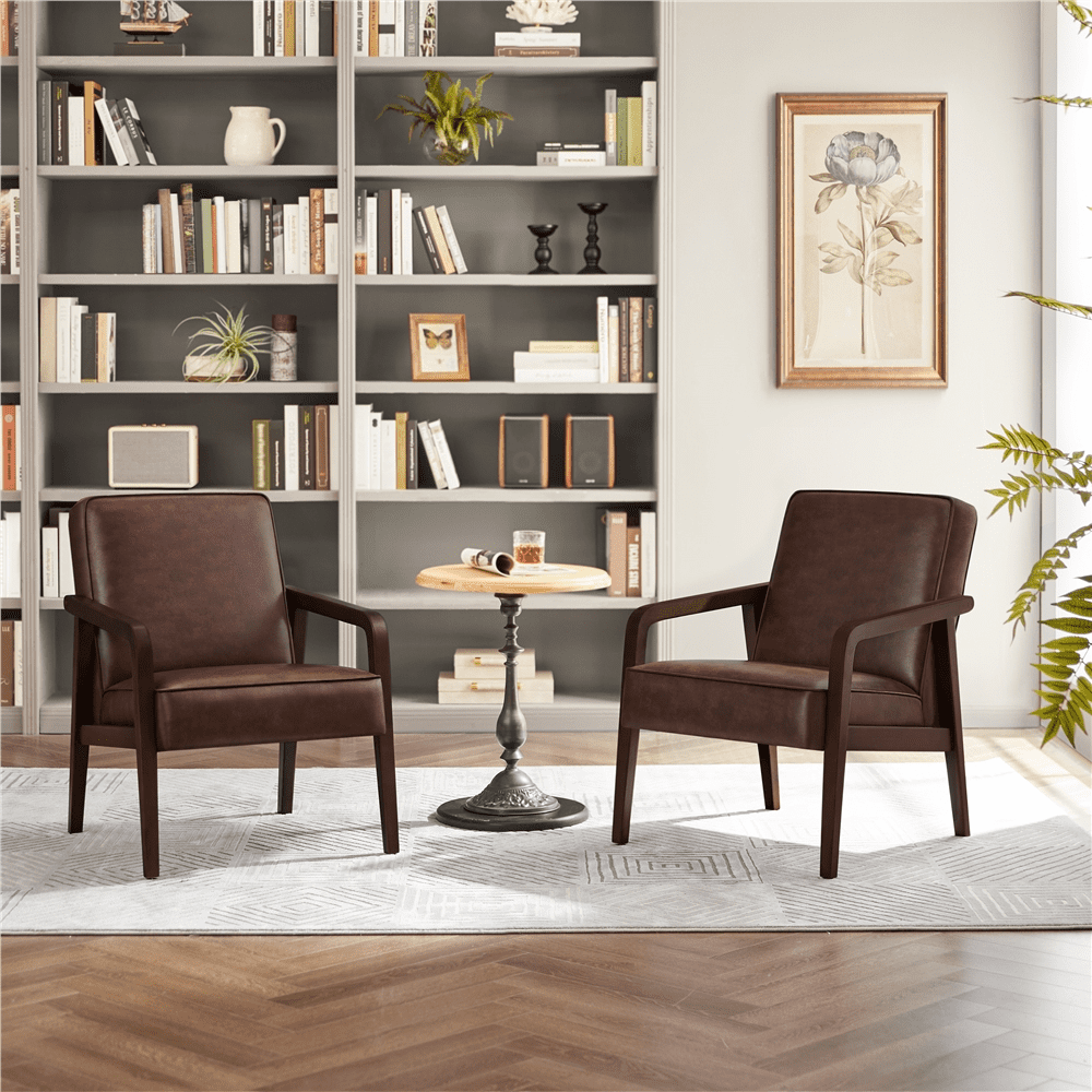 Renwick Mid-Century Modern Upholstered Faux Leather Armchair, Dark Brown