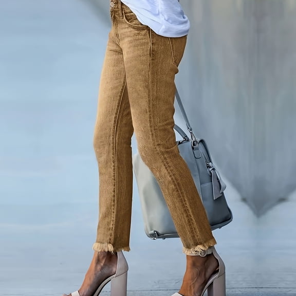 Women Boyfriend Jeans High Waist Stretchy Jeans Trendy Raw Hem Straight Leg Jean Distressed Denim Pants Beige S
