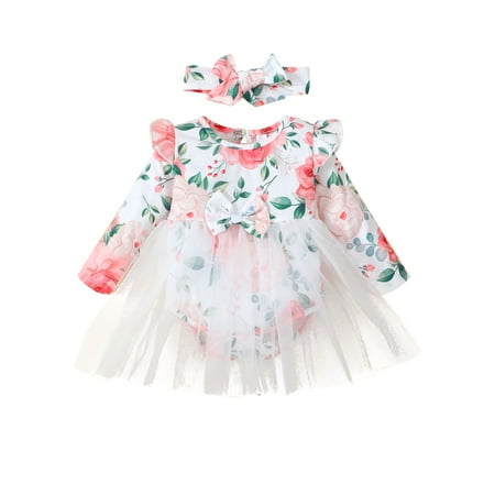 

Kucnuzki Infant Baby Girls Rompers Fall Round Neck Flying Long Sleeves Floral Dress Bodysuits with Headband 2pcs Baby Girls One-piece Pink 18-24 Months