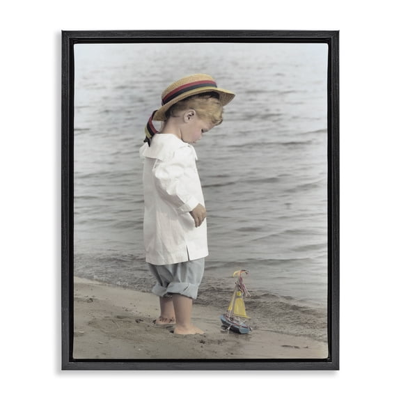 Stupell Industries Cottage Child on Beach Shore Black Floating Frame Canvas Art, 17 x 21, by Kendra Dew