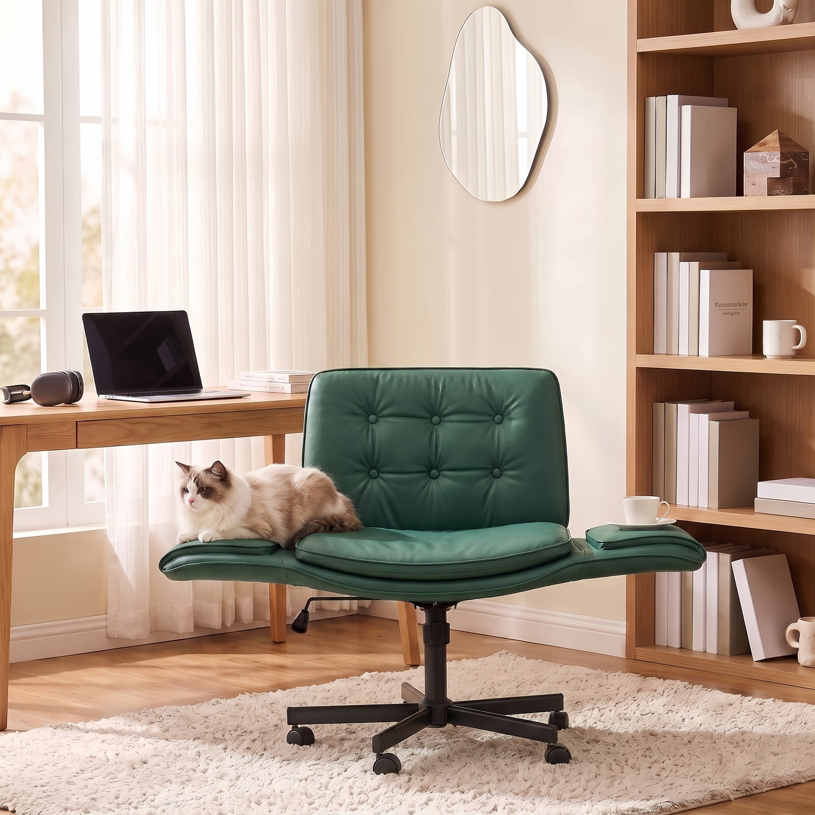 Kelno Criss Cross Office Chair with Wheels Armrests 300lbs Capacity Height Adjustable PU Leather Wide Desk Chair Swivel Vanity Chair, Green
