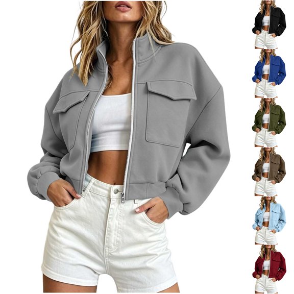 Admvng Cropped Jacket for Women Stand Collar Zip Up Cargo Pocket Comfy Bubble Long Sleeve Loose Casual Sweat Coat
