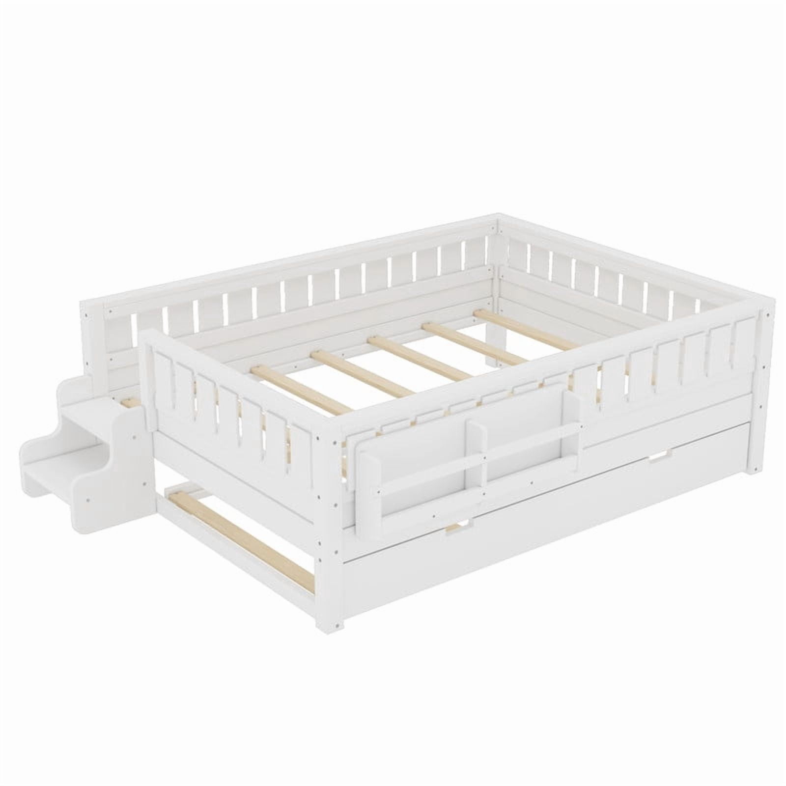 Full Size Low-Profile Kid's Platform Bed with Built-in Bookshelves & Small Staircase, Wooden Bed Frame with Safety Rails & Trundle