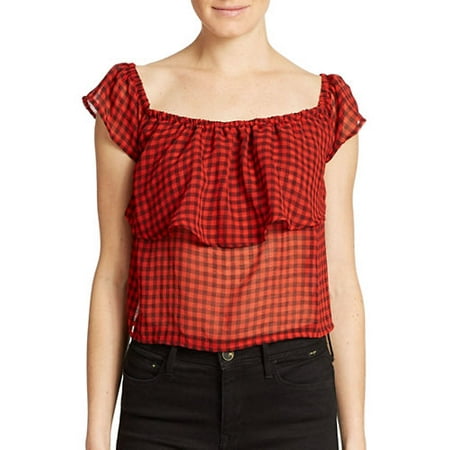 GUESS Women's Flutter Sleeve Ruffled Red Hot Multi Crop Top Size XL