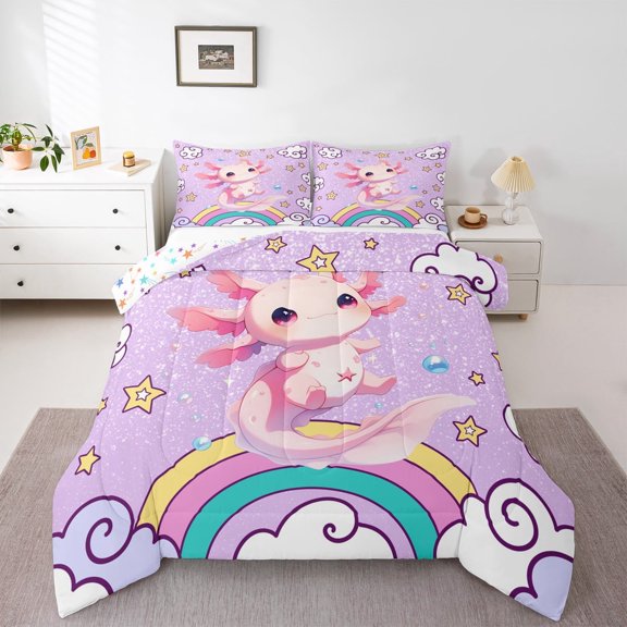 Erosebridal Cartoon Animal Axolotl Bedding Sets Twin with Comforter,Rainbow Stars Print Duvet Insert,Glitter Print Comforter Sets Twin Size,Super Cozy Room Decorative Reversible,2pcs