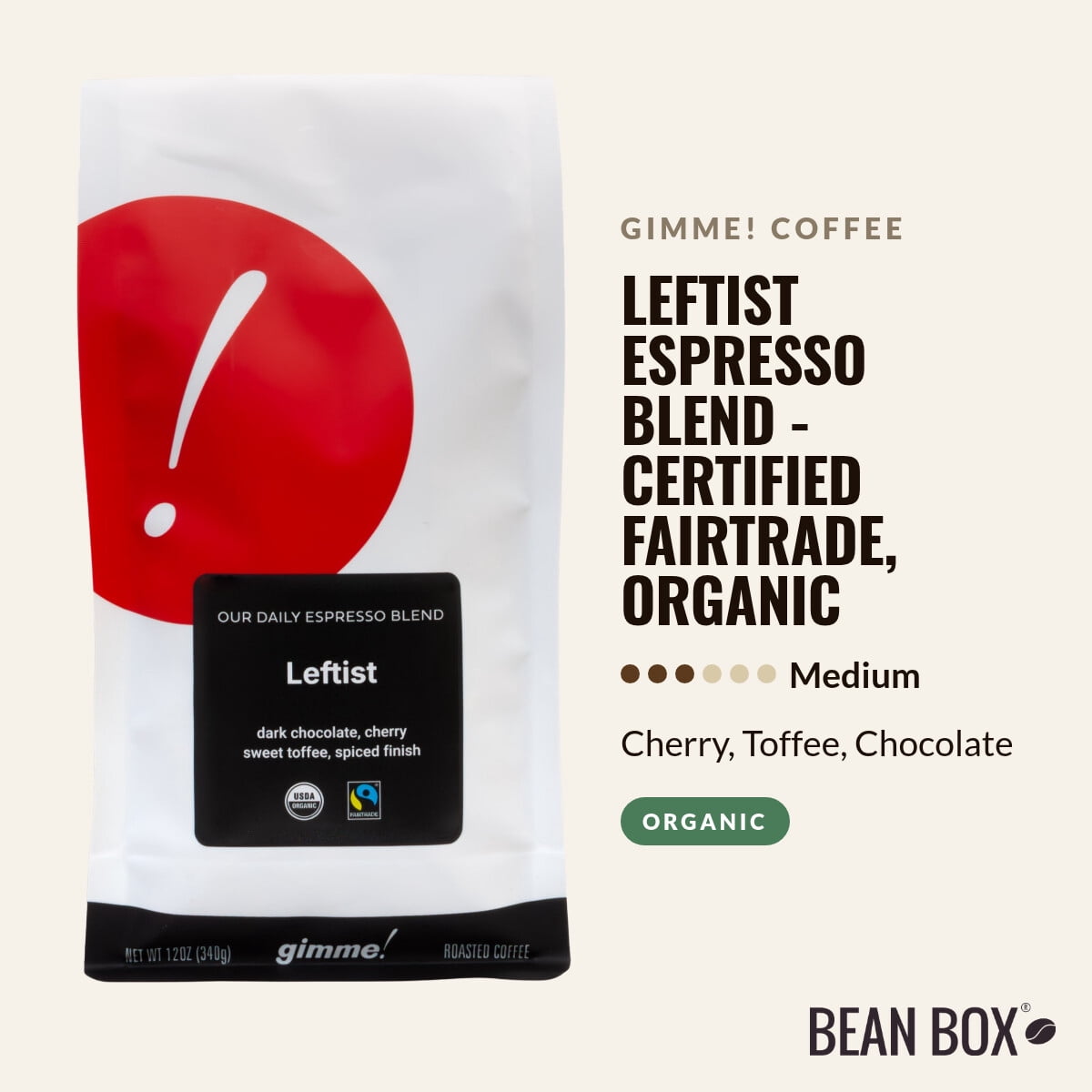 Leftist Espresso Blend - Certified Fairtrade, Organic - Roasted by Gimme! Coffee - Freshly Ground Coffee - 12oz Bag