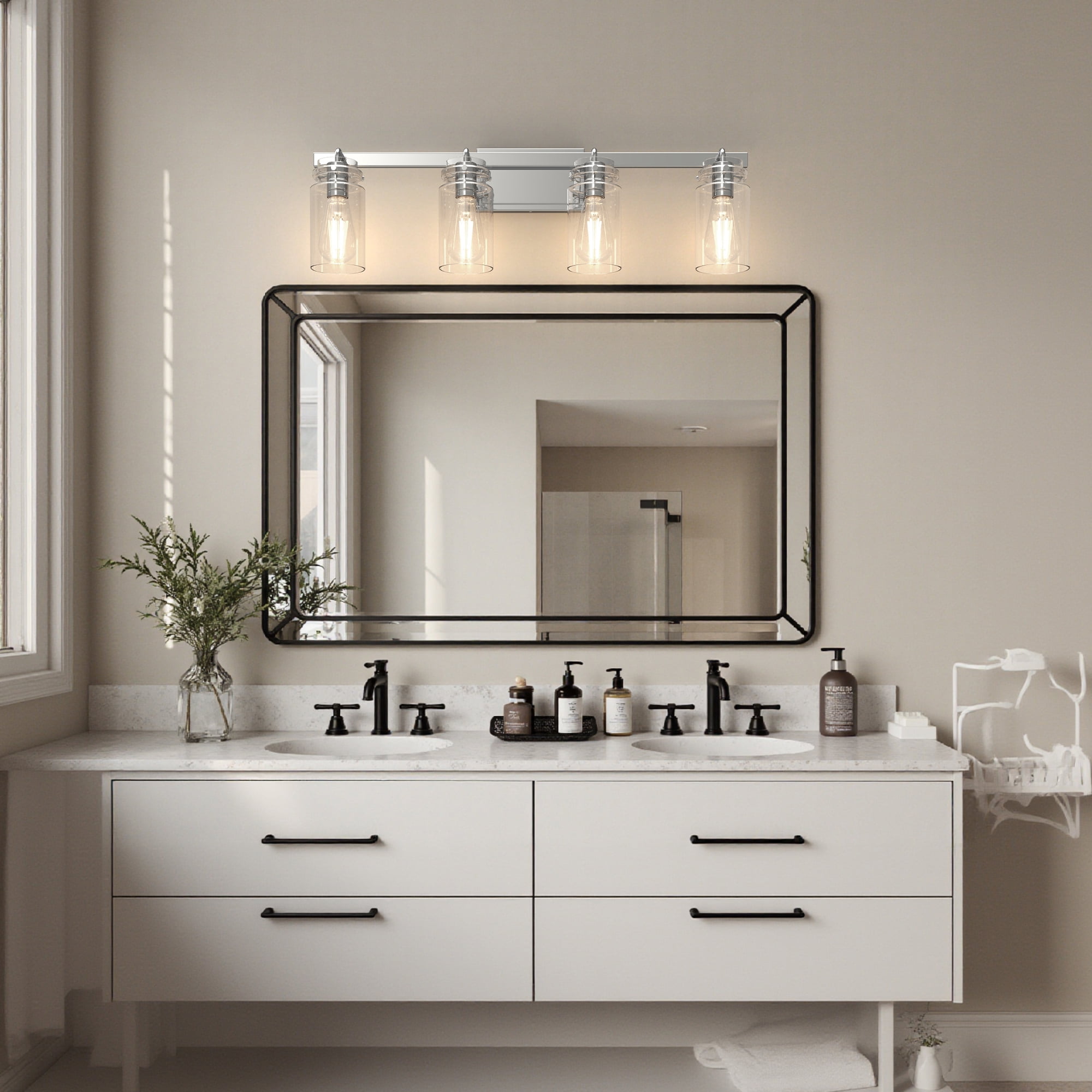 YANSUN 31.5 in 4-Light Chrome Modern Cylinder Vanity Light for Bathroom Mirror with Clear Glass Shades, for Bathrooms, Powder Rooms, or Vanity Nooks