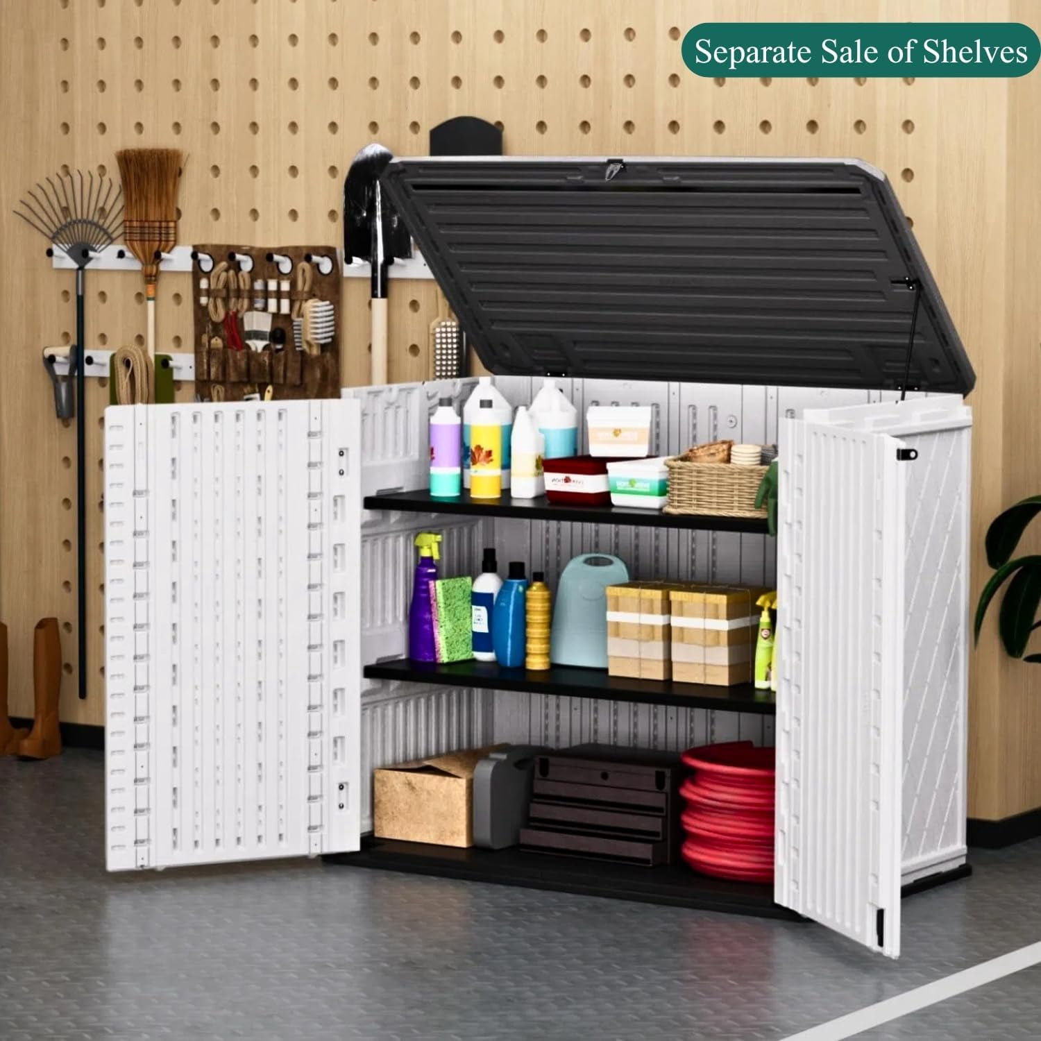ZZMTIME 4x3FT Heavy-Duty Outdoor Storage Shed | 34 Cu.Ft Waterproof Resin Cabinet with Double-Wall | UV-Resistant & Lockable for Garden Tools, Bikes, Patio Furniture (Wood Grain Texture)