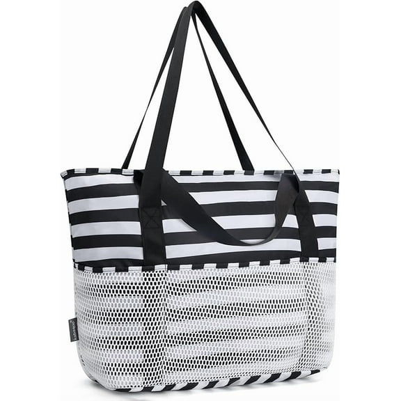 KABAQOO Large Beach Bag Waterproof Sandproof Tote Bag for Women with Zipper & Mesh Pockets for Pool Swim Travel Everyday