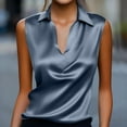 thumbnail image 4 of Women's Dressy Satin Shirts Lapel Deep V-neck Business Casual Outfits Office Blouses Solid Long Sleeve Work Tops (2XL, Gray|Sleeveless), 4 of 7