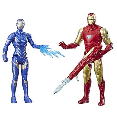 figuras de acción avengers marvel endgame iron man & rescue multicolor, vista frontal de dos figuras: Iron Man en armadura rojo y dorado con accesorio propulsor transparente y Rescue en armadura azul con efecto de energía azul sobre fondo blanco; aptas para juegos de rol y colecciones.