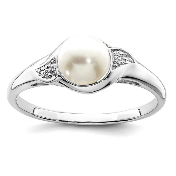 925 Sterling Silver Polished Rhodium Plated Diamond and Freshwater Cultured Pearl Ring Size 6 2mm Wide Ring for Women