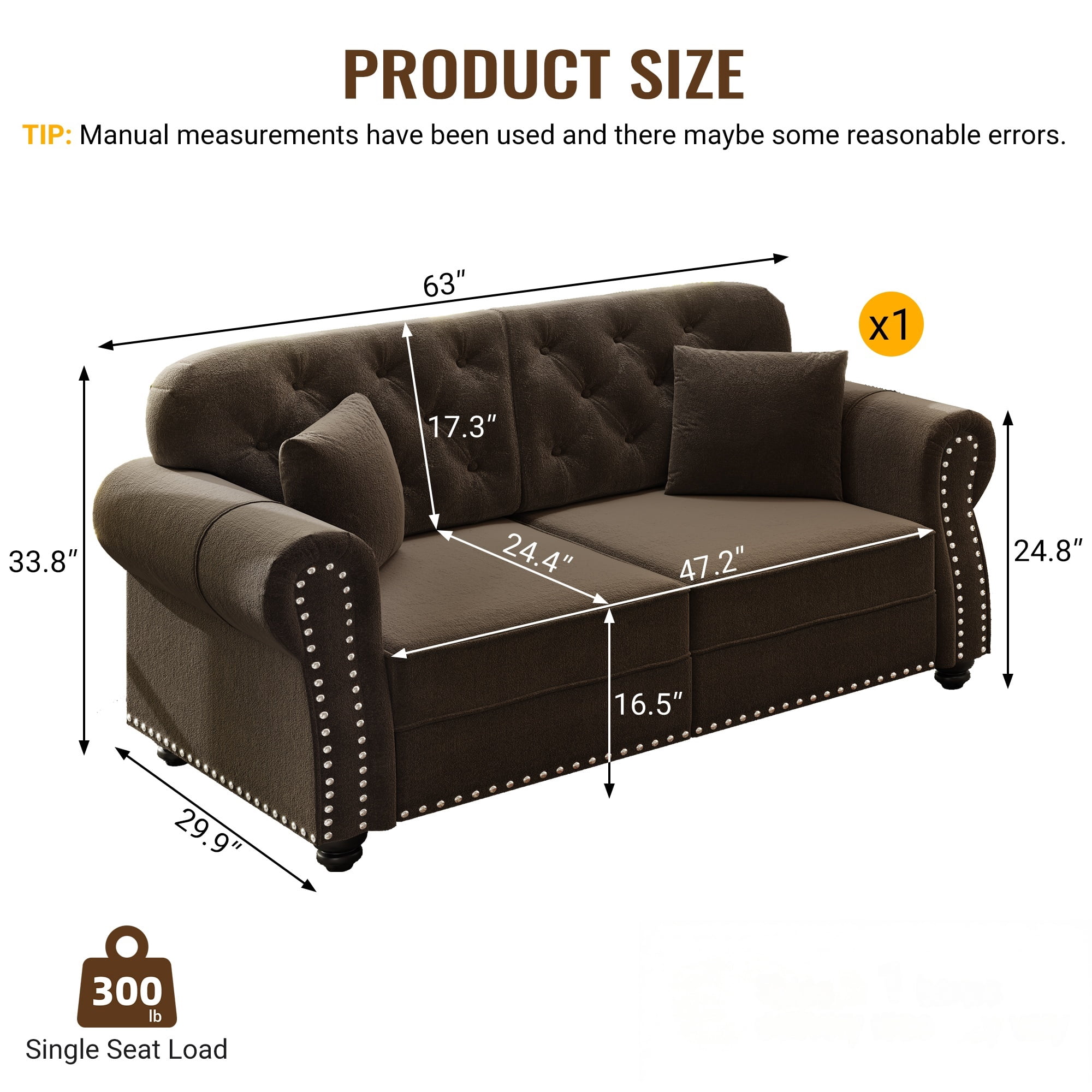 1PCS Upholstered Velvet Couch with Nailhead Trim, Mid-Century Modern Button Tufted Chesterfield Loveseat Sofa with 2 Pillows
