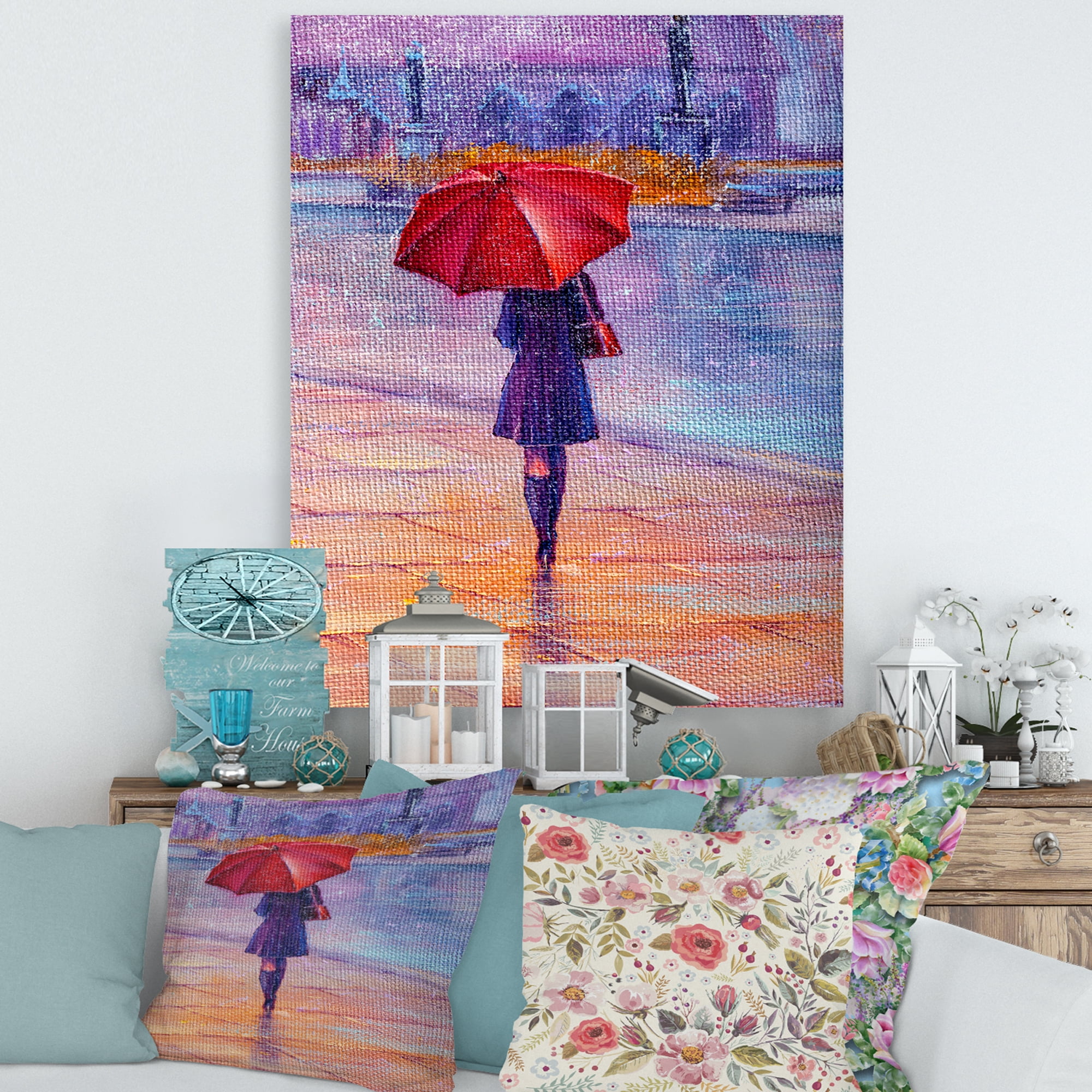 Designart ' Girl Walking With Red Umbrella Under The Rain ' French Country Canvas Wall Art Print