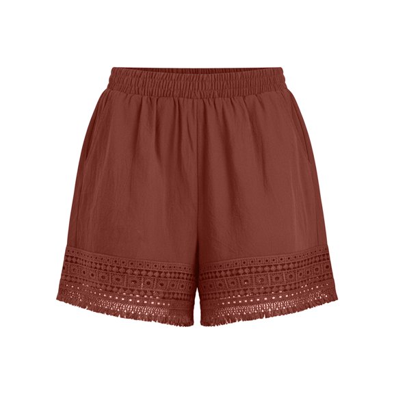 Costeam Womens Bermuda Shorts All Over Eyelet Lace Fringe Hem Full Elastic Pull On Waist with Side Slip Pockets Loose Straight Knee Length Lightweight Soft Breathable Relaxed Fit