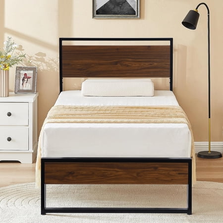 SESSLIFE Platform Bed Frame Twin  Black Metal Platform Bed  Bed Frame w/ Headboard  Large Under Bed Storage  Non-Slip Without Noise