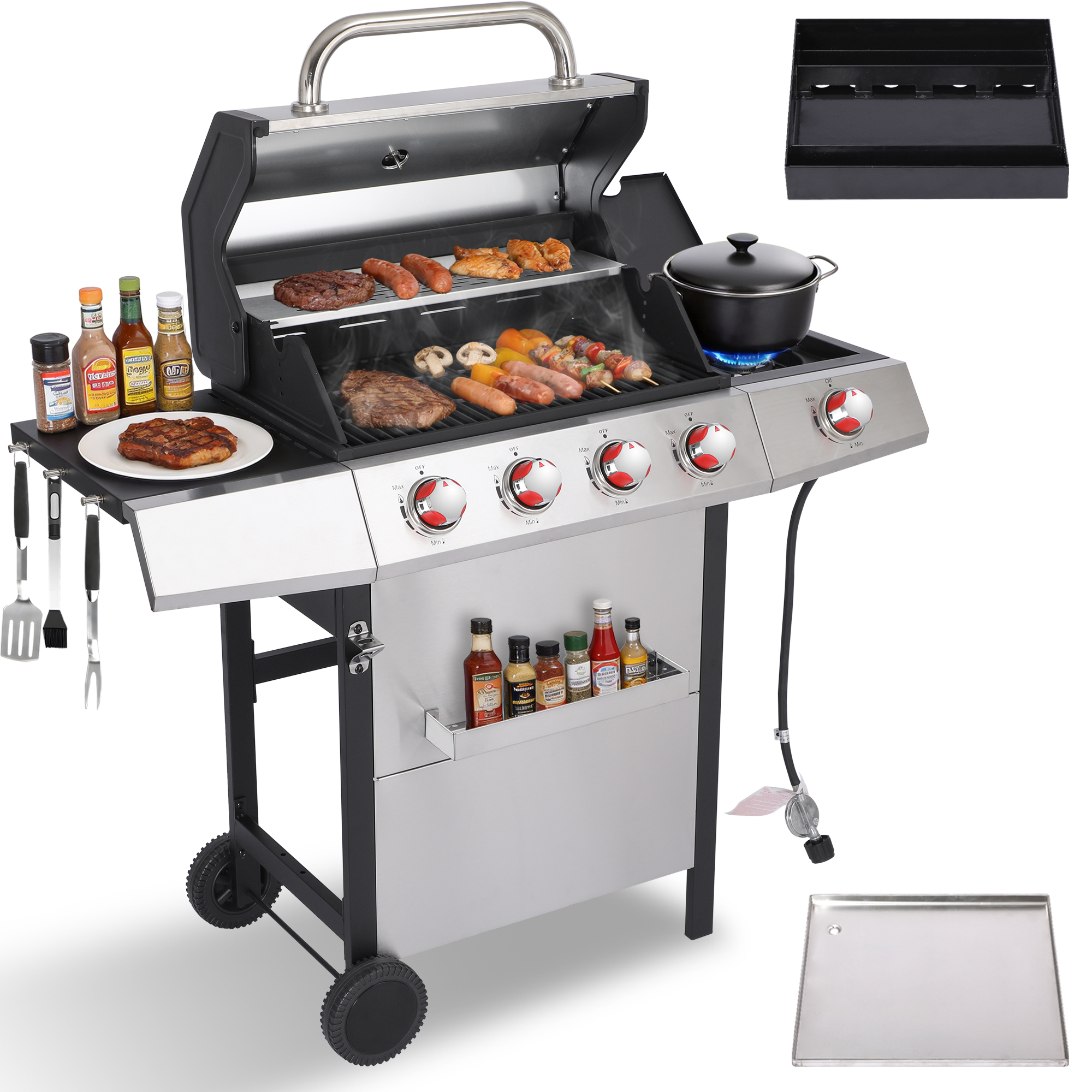 CIG GARDEN 4 Burner Gas Grill Combo with Side Burner, 3 in 1 Gas BBQ Grill with Charcoal Grill and Griddle, 52,000 Outdoor Barbecue Grill