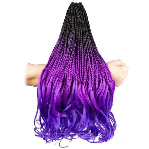 French Curl Crochet Braids for Black Women-18 Inches 8 Packs Goddess Box Braids,3 Tone Ombre Purple to Lake Blue, Pre Looped Braided Synthetic Hair Extensions(18""-8 Packs, Purple-Lake Blue)