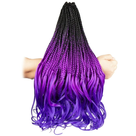 French Curl Crochet Braids for Black Women-18 Inches 8 Packs Goddess Box Braids,3 Tone Ombre Purple to Lake Blue, Pre Looped Braided Synthetic Hair Extensions(18""-8 Packs, Purple-Lake Blue)
