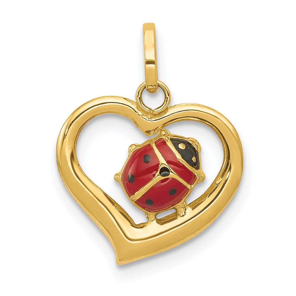 14mm x 18mm Solid 14k Yellow Gold Enameled Ladybug in Heart Pendant Charm 