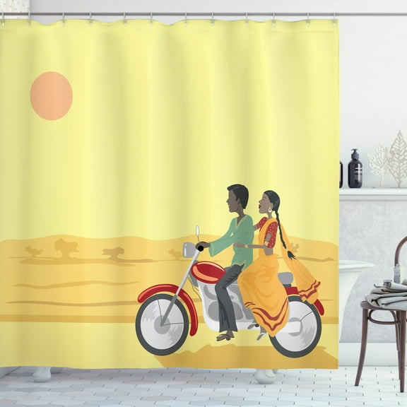 Motorcycle Shower Curtain, Hand Drawn Illustration of an Asian Couple on a Vehicle under the Setting Sun, Fabric Bathroom Set with Hooks, 69W X 70L Inches, Multicolor, by Ambesonne