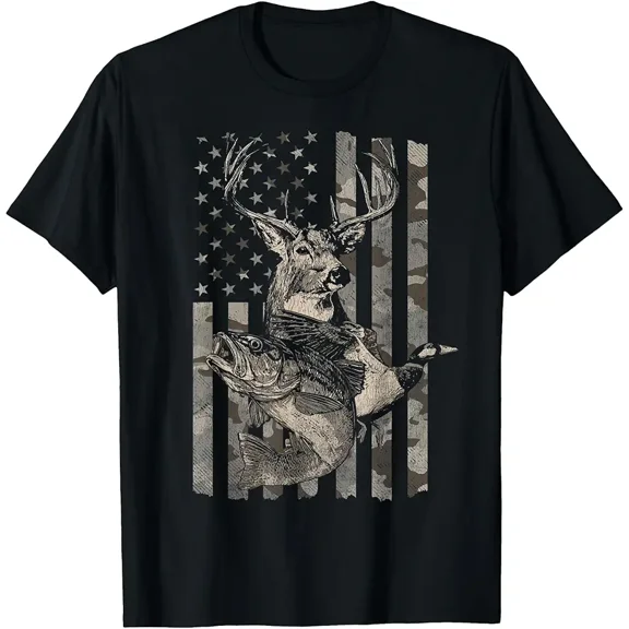 Patriotic Deer Bass Duck Camo Flag Graphic for Men Short Sleeve T-Shirt