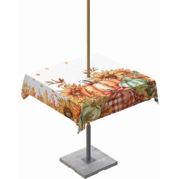 Fsddascl Orange Pumpkins Fall Thanksgiving Outdoor Tablecloth - 54x54 Inch Square Dining Table Cover, Maple Leaf Waterproof Outdoor Table Cloth with Umbrella Hole & Zipper for Picnic/Patio/Party