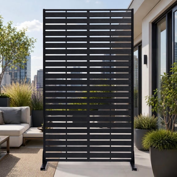 TopComfy Privacy Screen Outdoor 60" Hx35" W Freestanding Privacy Panel with Stand, HDPE Decorative Privacy Fence with Sandblasting Louver Pattern, Black