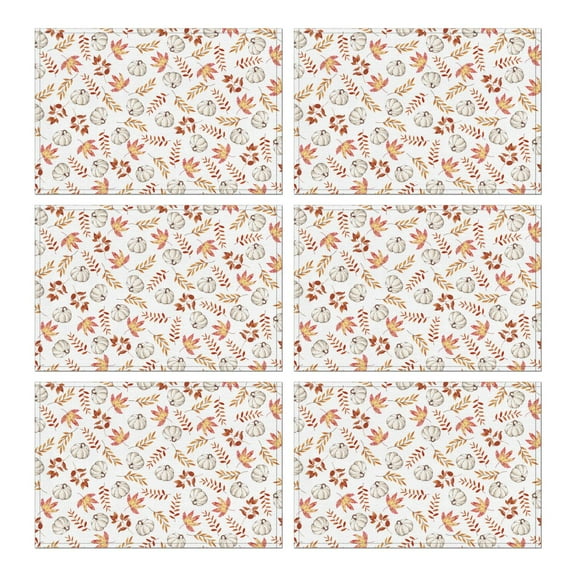 Fall Harvest Placemats Set of 6, 12x18 Inch Rustic Linen Table Mats with Turkey and Pumpkin Pattern, Washable Farmhouse Dining Decor for Autumn Gatherings