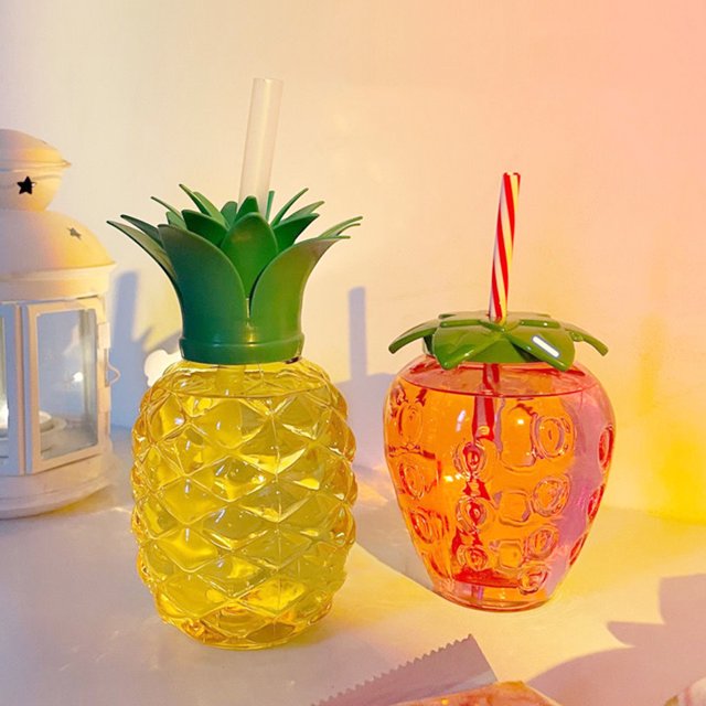 Taza de jugo FLhrweasw para beber 500ml forma de piña/fresa con pajita creativa 3/6 Uds