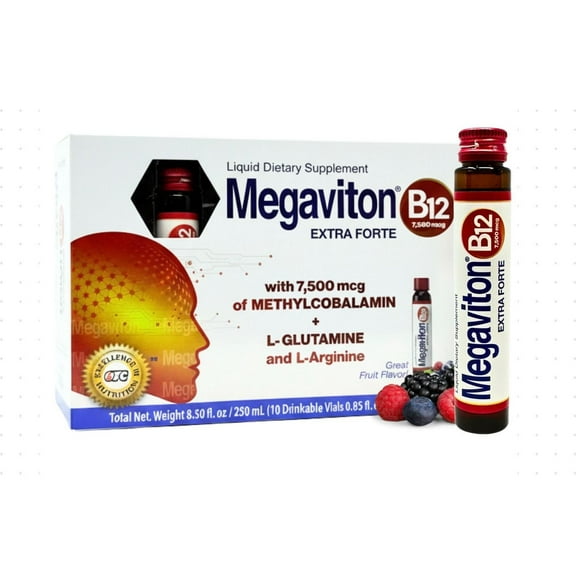 Megaviton B12 Extra Forte Liquid Supplement, 7,500 mcg Methylcobalamin   L-Glutamine & L-Arginine, 10 Ready-to-Drink Vials (25 mL Each)