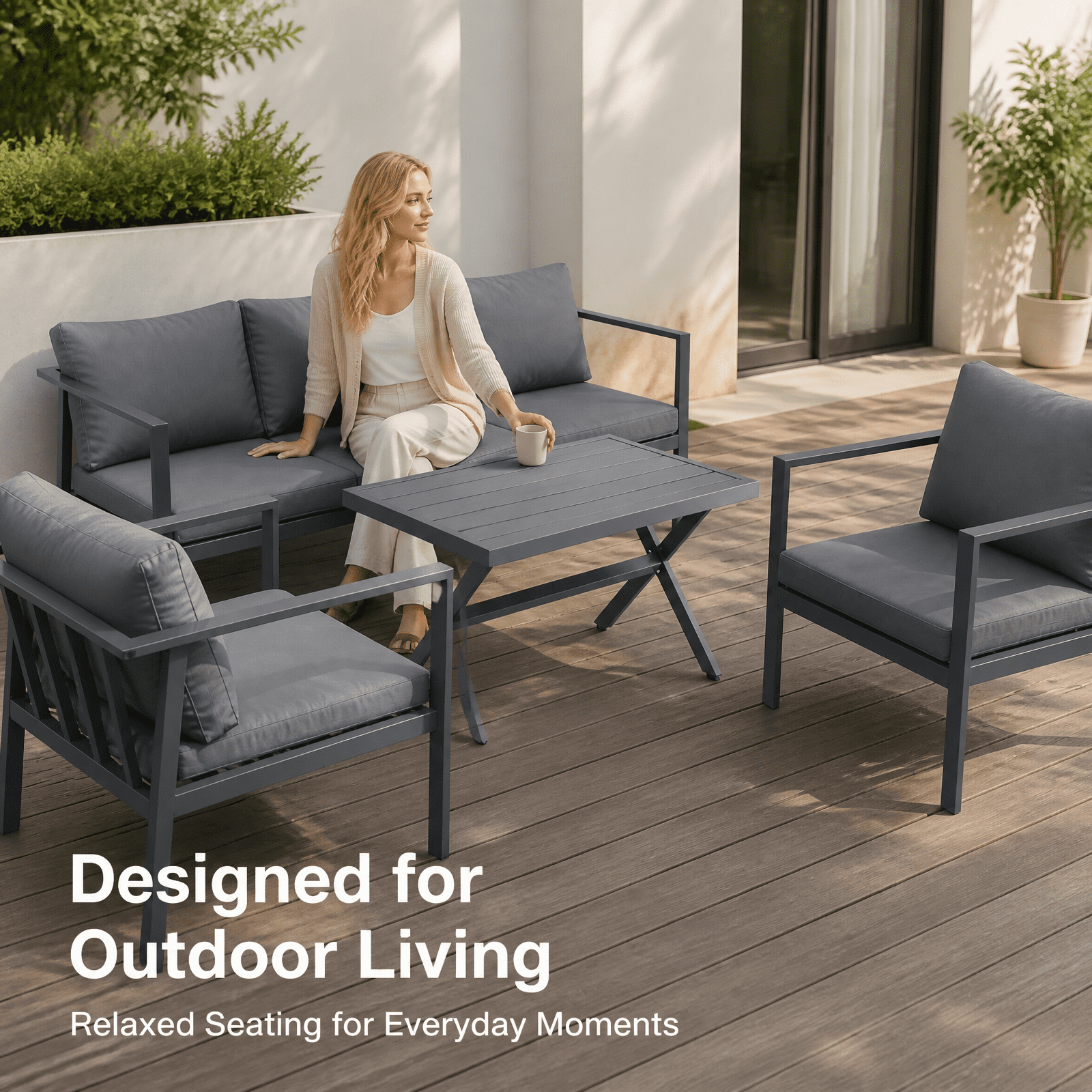Aluminum Patio Furniture Set with Slim Armrests,4 Seat Modern Outdoor Conversation Set with Cushions and Coffee Table,Metal Patio Sofa Set Gray
