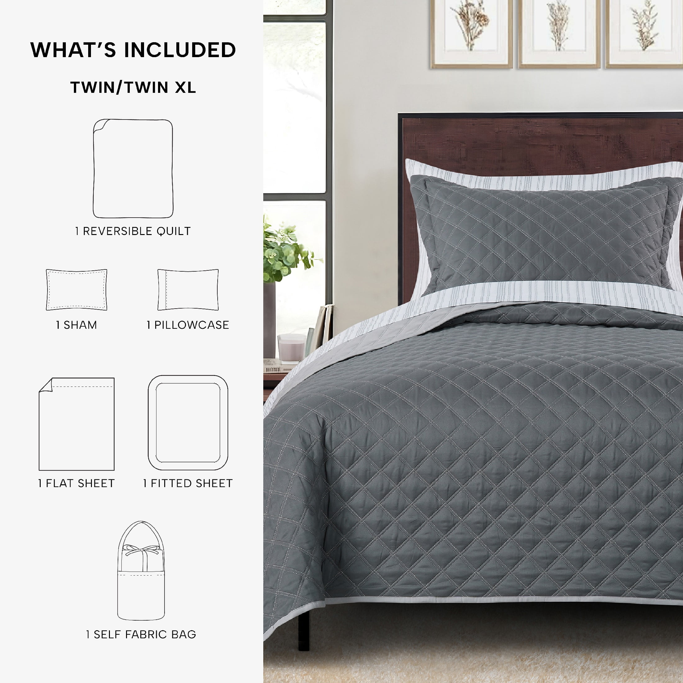 Mainstays All in One Lightweight Quilt Set and Sheet Set, 5 Piece, Twin/Twin-XL, Gray