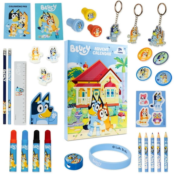 Bluey Advent Calendar 2024 for Kids Stationery Colouring Pencils Keychains Bracelet
