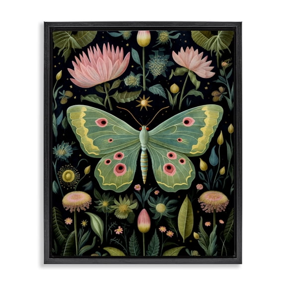 Stupell Industries Eclectic Moth with Nature Botanicals Black Floating Frame Canvas Art, 17 x 21, by The Dutch Lady