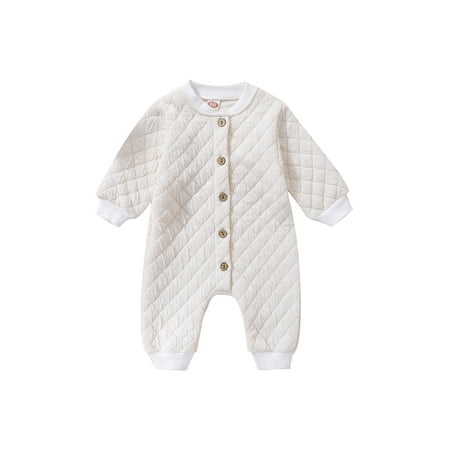 

Diconna Baby Boys Girl Romper Long Sleeve Button-Down Patchwork Diamond Sewing Loose Long Quilted Jumpsuit Apricot 12-18 Months