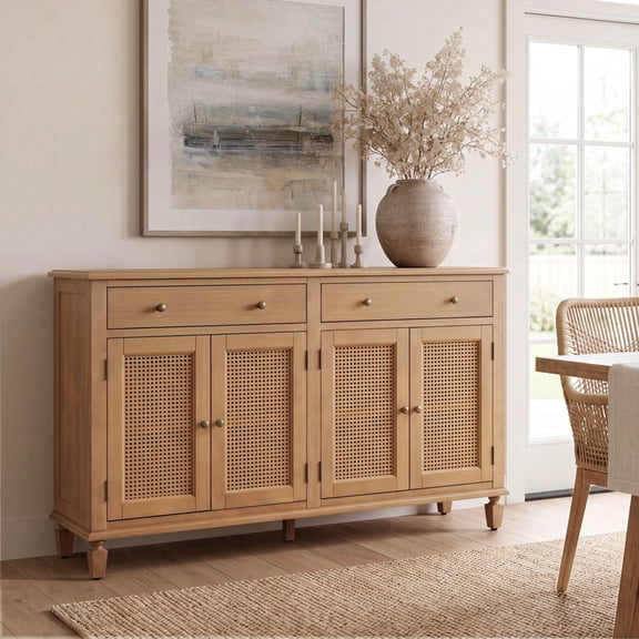 Euroco Sideboard Buffet Cabinet with 4 Woven Doors,Wood Buffet Storage Cabinet with Adjustable Shelves and 2 Drawers for Kitchen Living Room,Natural