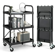Folding Utility Cart, 3-Tier Rolling Tool Cart w/Lockable Wheels, 300LBS Capacity, Divided Storage Compartments, Collapsible Metal Service Cart Work Cart for Office Home, Garage, Kitchen, Black
