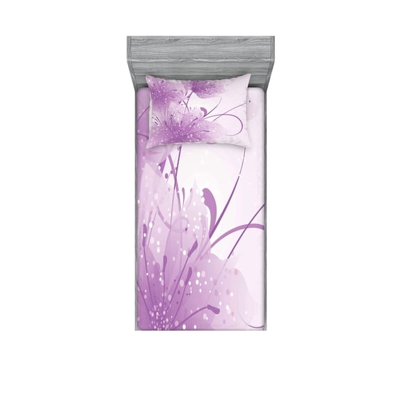 Ambesonne Modern Fitted Sheet & Pillow Sham Set, Swirling Ornaments Dots Art, Twinxl, Pale Purple and White