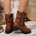 thumbnail image 4 of Womens Buckle Mid Calf Combat Boots Motorcycle Riding Platform Leather Lug Sole Zipper Comfortable Durable Waterproof Outer Outdoor Autumn Winter Streetwear Party Casual Walking,Brown 6, 4 of 6