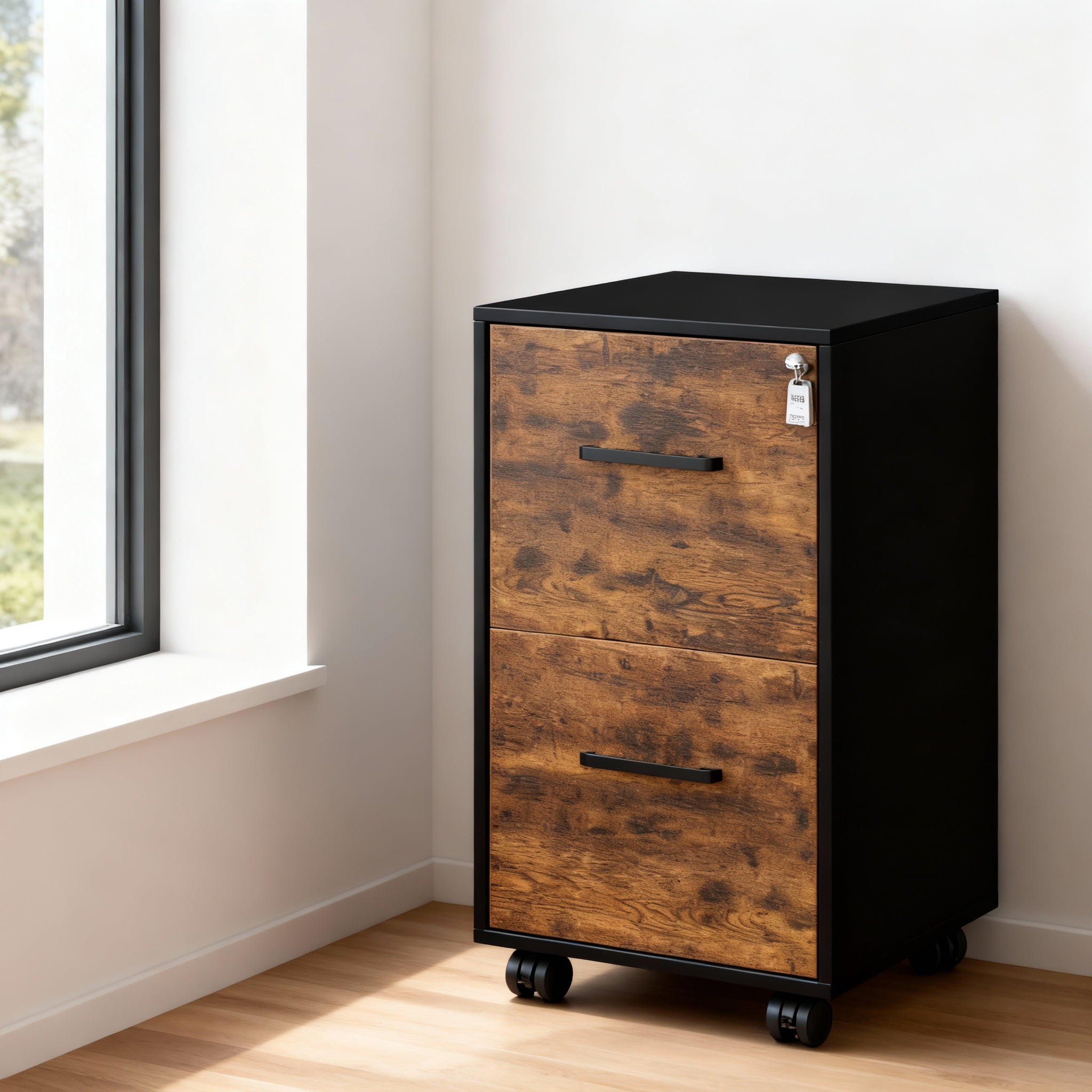 LEDREM File Cabinet with Lock, Pre-Assembled Office Filing Cabinet, 2 Drawers for A4/Legal/Letter Documents, 17.7 x 14.4 x 25.4 Inches, Rustic Brown and Black